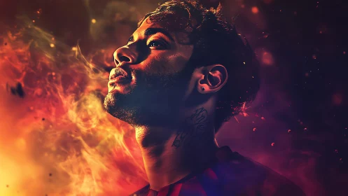 Male profile portrait is rendered with dramatic colored lighting