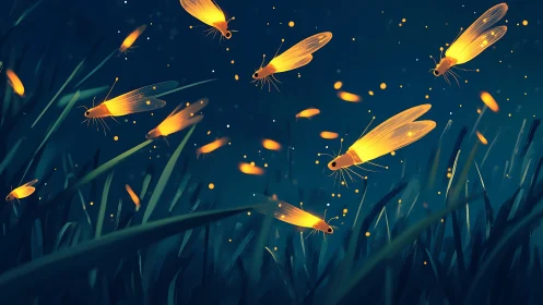Bioluminescent fireflies illuminate a stylized nocturnal meadow