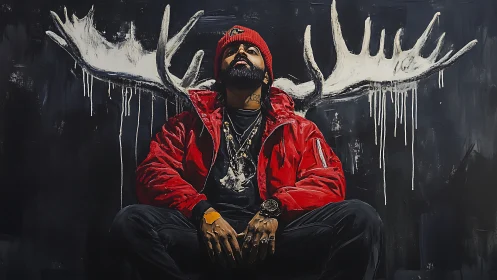 Urban portrait with antler graffiti forming symbolic street halo