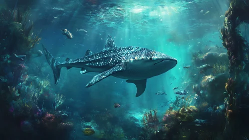 Whale shark glides through luminous coral reef canyon