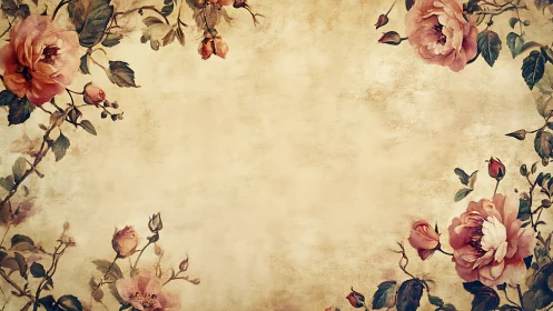 Vintage floral border with muted rose garlands, textured ground.