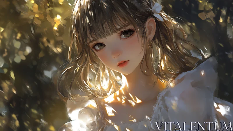 Young woman in soft sunlight with dappled foliage shadows.