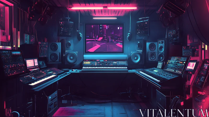 Neon-lit cyberpunk music studio packed with synth gear.