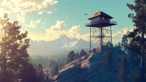 Cozy mountaintop lookout bathed in gentle sunset glow.