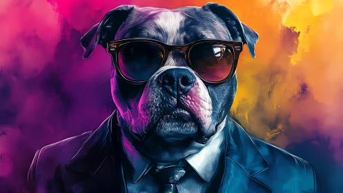 Anthropomorphic bulldog in suit against neon gradient background