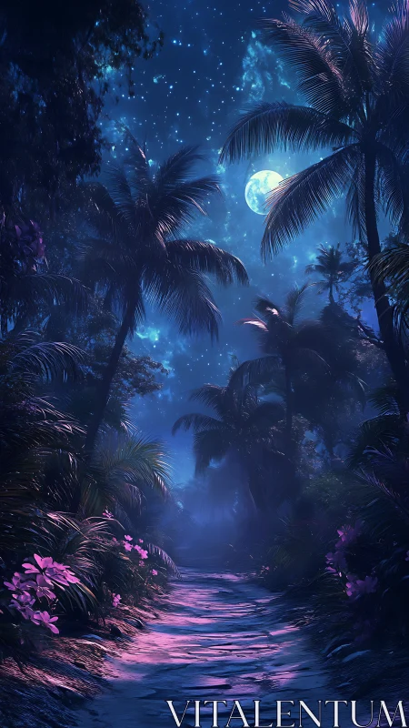 Moonlit tropical path under glowing violet reflections.