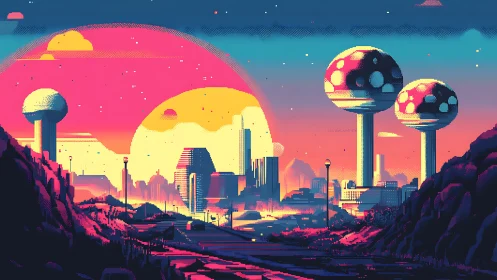 Neon sunset sci-fi city glows beneath colossal spheres.