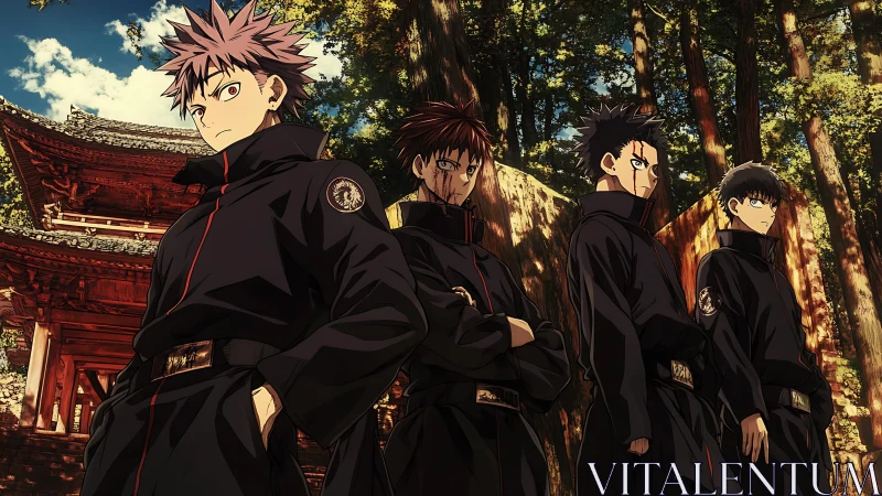 Four uniformed anime warriors stand in sunlit forest shrine