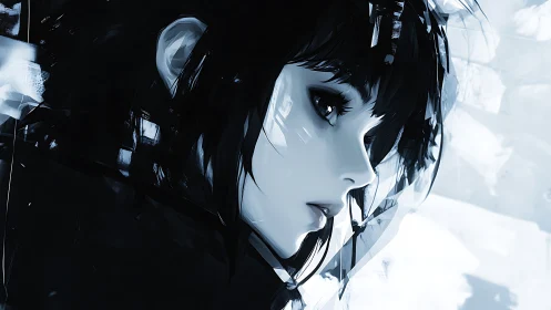 Cyberpunk monochrome profile portrait in digital painting style.
