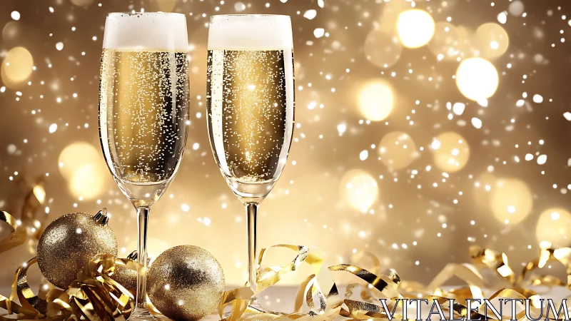 Sparkling champagne flutes amid glowing festive bokeh.