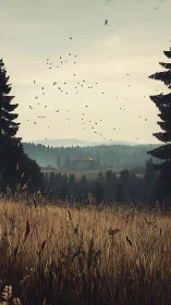 Photorealistic rural meadow with distant farmhouse and flocked sky.