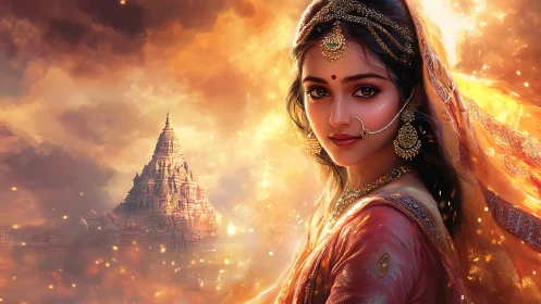 Mystical Indian bride glows before a celestial temple sunset