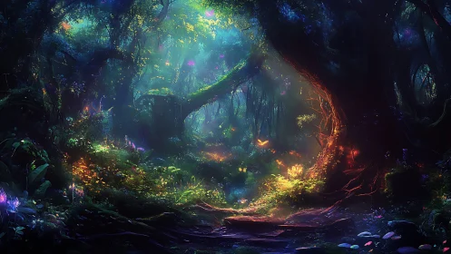 Bioluminescent Cave Ecosystem: Photosynthetic Flora and Radiant Spore Distribution.