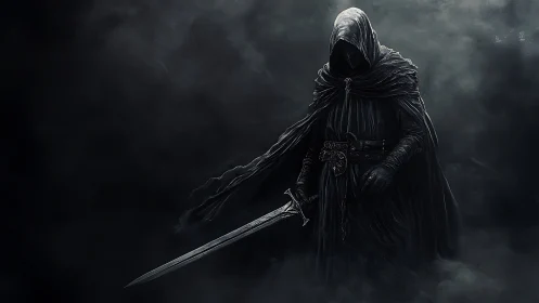 Hooded dark knight emerges from fog with drawn greatsword