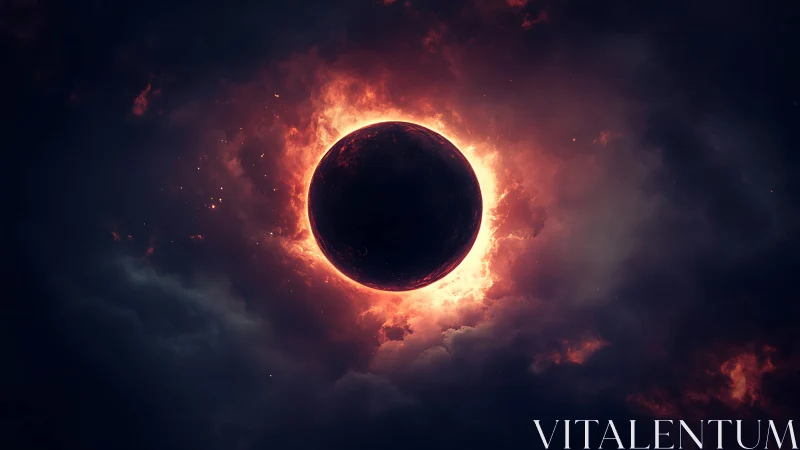 Fiery solar eclipse hangs in turbulent, smoke filled cosmos