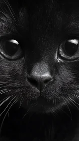 Black cat face captured in frontal monochrome photographic composition with direct eye contact.
