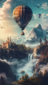 Hot air balloon over alpine fantasy canyon waterfall vista