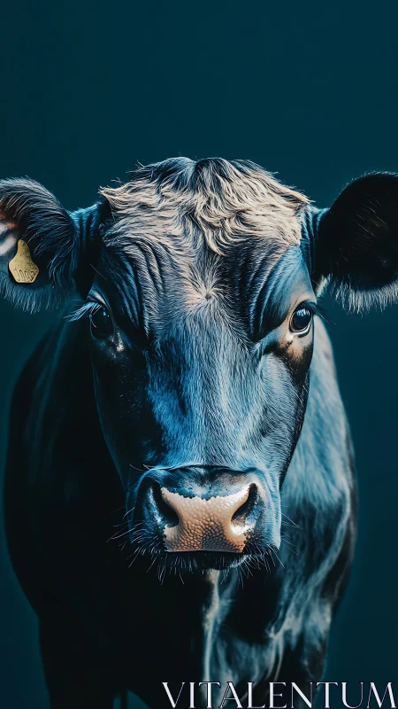 Frontal portrait of a black cow under controlled studio lighting