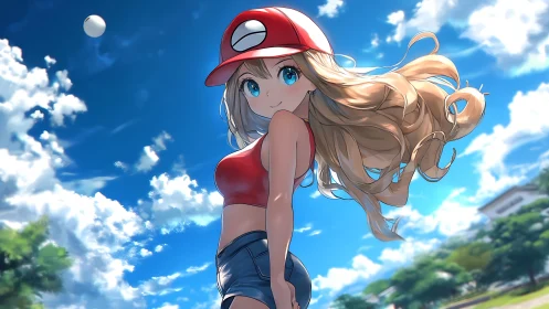 Anime girl stands outdoors under a bright midday sky