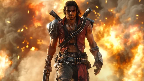 Gunslinger strides through blooming firestorms of chaos