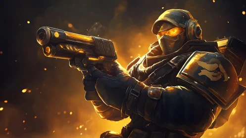 Armored space soldier aims glowing sci-fi pistol in embers.