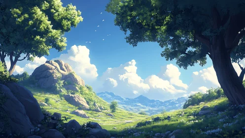 Sunlit valley opens gently toward quiet distant mountains