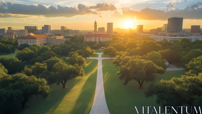Golden campus walkway welcoming the city at sunset.