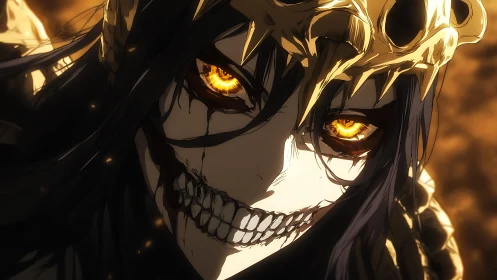 Anime close-up of skeletal crowned villain with blazing eyes.