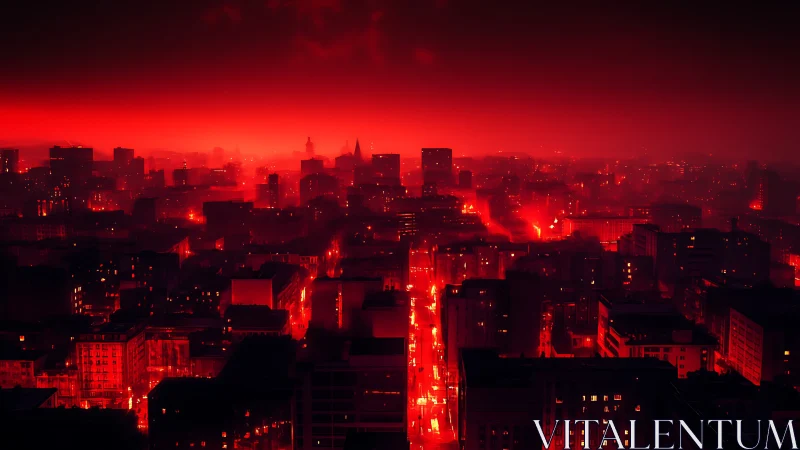 Cyberpunk red nocturne skyline with axial street perspective.