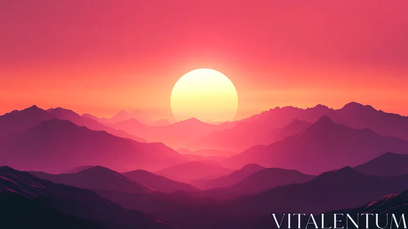 Neon sunset over layered mountains in glowing haze.