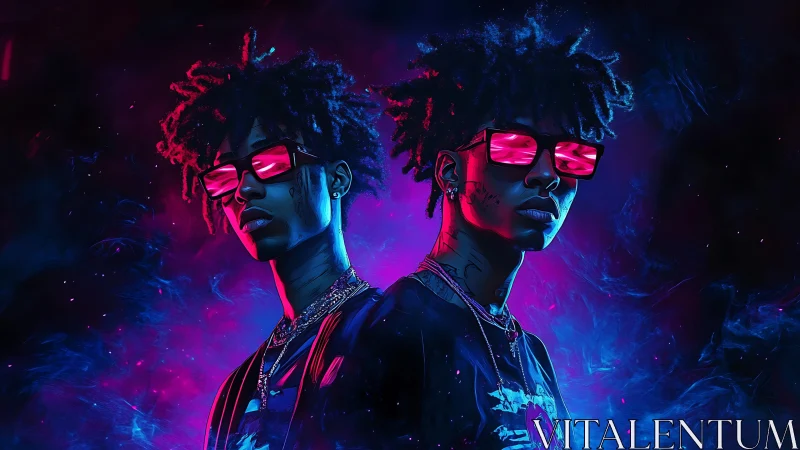 Neon-lit mirrored youths with cyberpunk vaporwave glow