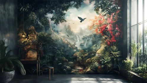 Wall mural of lush fantasy landscape in modern room.