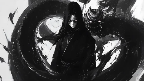 Dark robed figure stands before swirling shadow creature