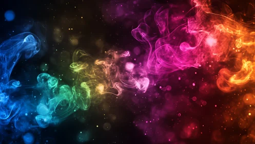 Vibrant rainbow smoke swirls across a luminous dark void.