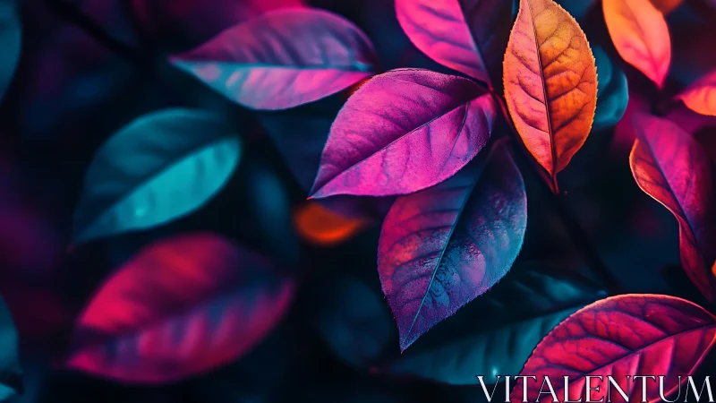 Neon-tinted foliage glows in vivid pink, blue, and orange hues.