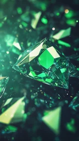 Emerald-cut crystal floats amid blurred green shards