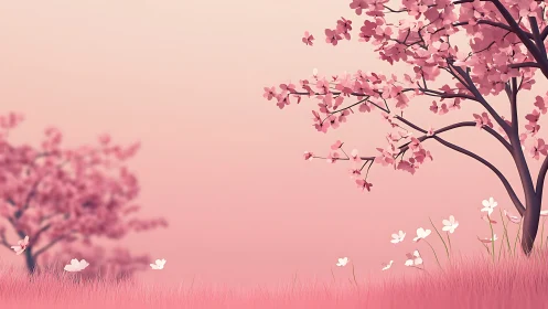 Minimal cherry trees and butterflies in pink landscape scene.