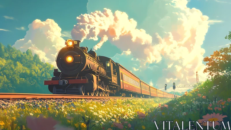 Steam locomotive pulls passenger carriages through rural field