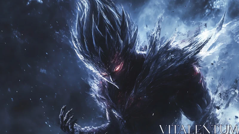 Digital painting of feral dark entity in glacial energy storm.