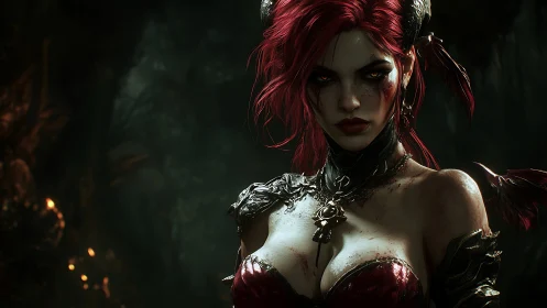 Demonic warrior sorceress in bloodstained infernal armor.