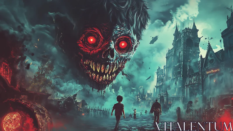 Gigantic demon skull looms over misty ruined cityscape.