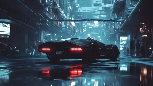 Cyberpunk supercar glows through wet neon alley at night