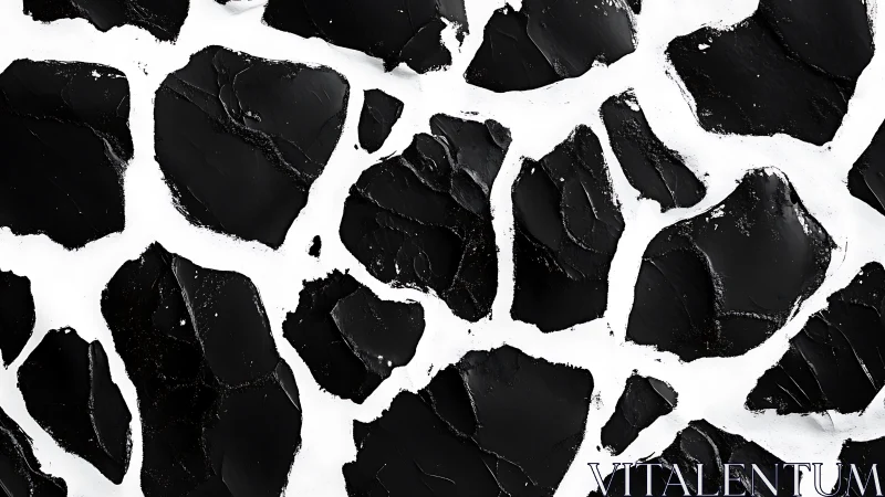 Fragmented black stone pattern on stark white field.