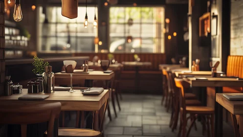 Warm industrial restaurant interior with shallow depth of field.