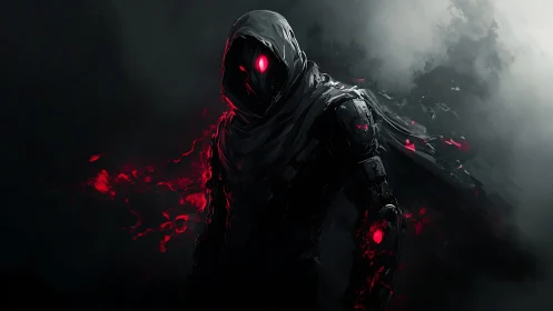 Cloaked cybernetic wraith with luminous red core vents stalks forward