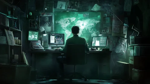 Cyberpunk command hub with holographic world map interface.