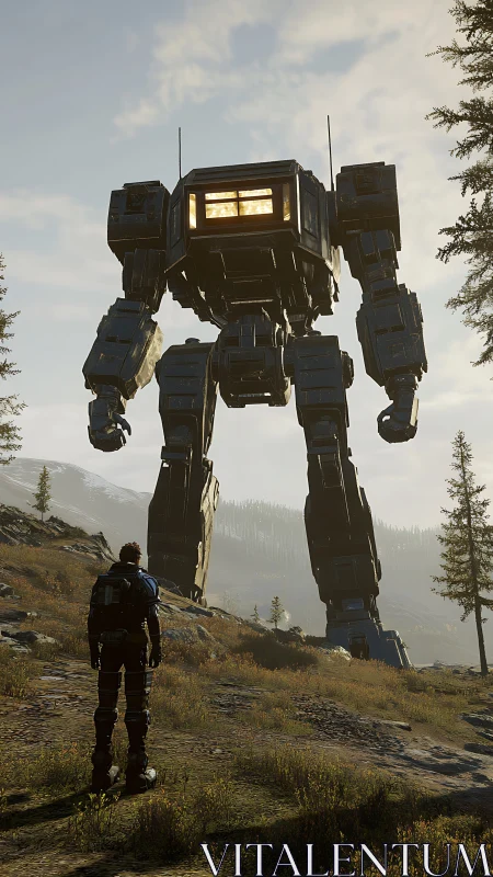Colossal combat mech towers above lone explorer in valley.