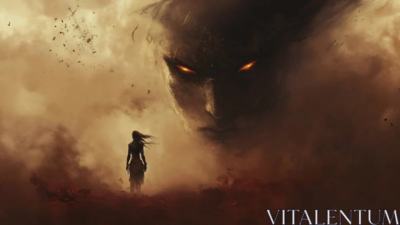 Solitary figure confronts colossal fiery-eyed face in dust storm