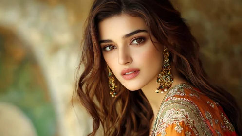 Ethereal portrait of woman in embroidered saffron silk.