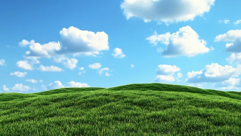 Sunlit grassy hills under playful cotton-bright clouds.